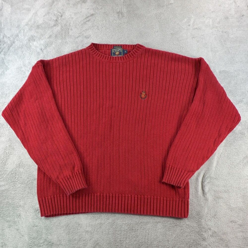 Chaps Ralph Lauren Sweater Mens XL Vintage 90s Red Hand Frame Crest Preppy Heavy